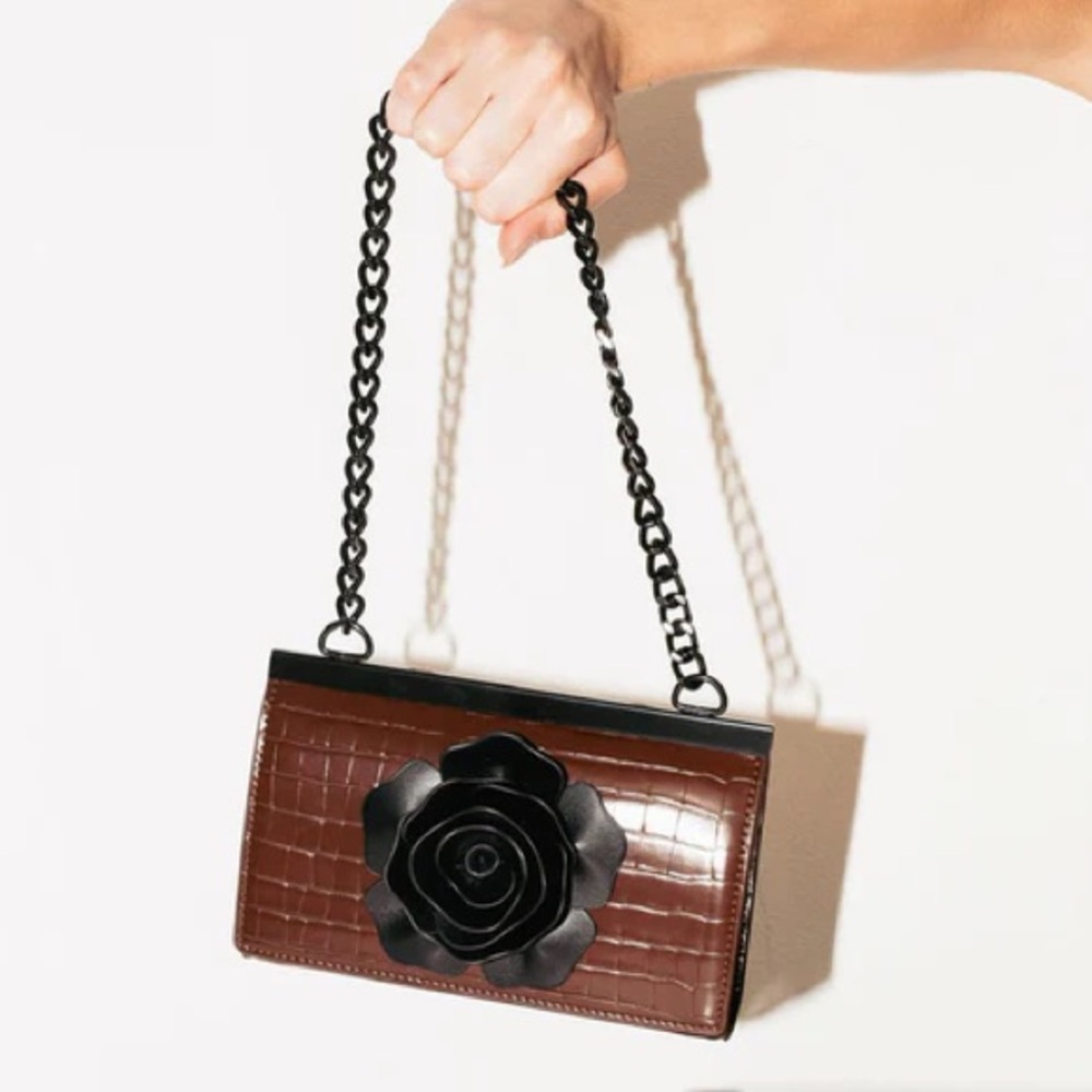 Brown Croc-Embossed Bag with Black Rose Accent